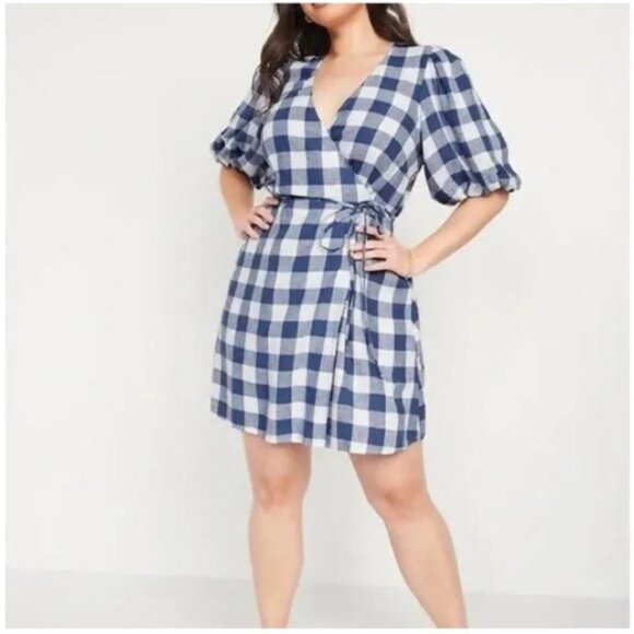 Old Navy Gingham Check Linen Blend Wrap Dress Puff Sleeve Cottagecore Sz 2X - Picture 1 of 7